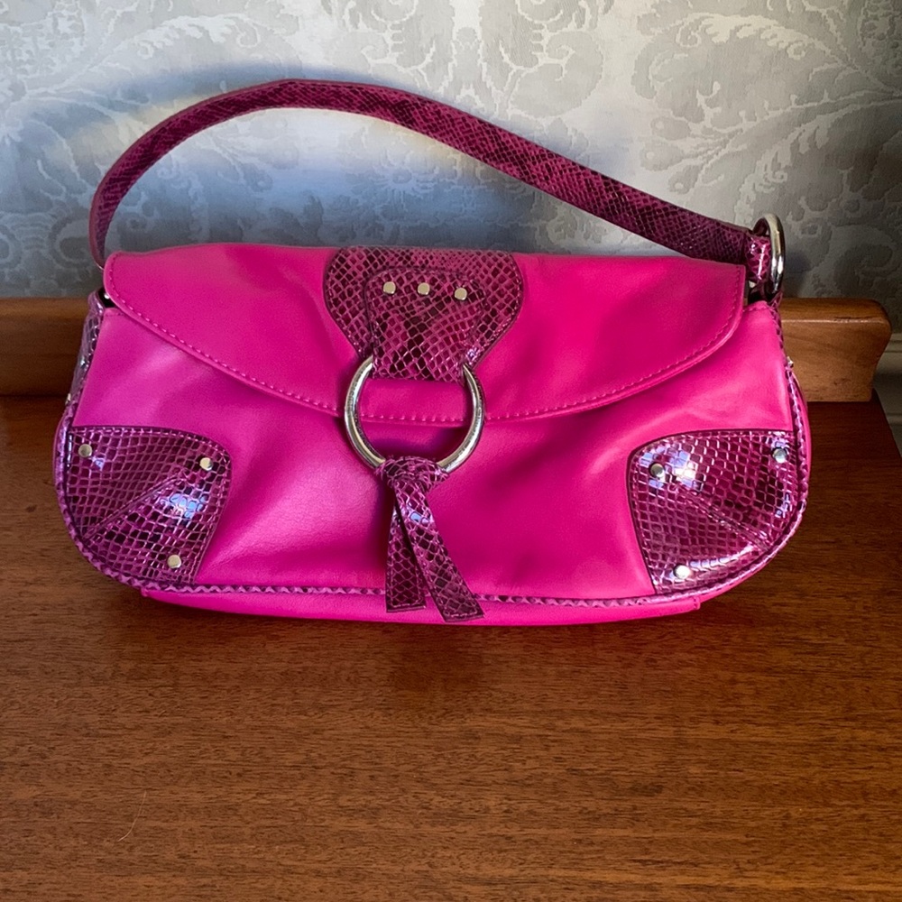 BCBGirls Hot Pink Mini Shoulder Bag with Magenta Snakeskin Accents